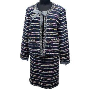 J Crew Blue Rainbow Tweed Blazer Jacket Skirt Set 14 Career Work